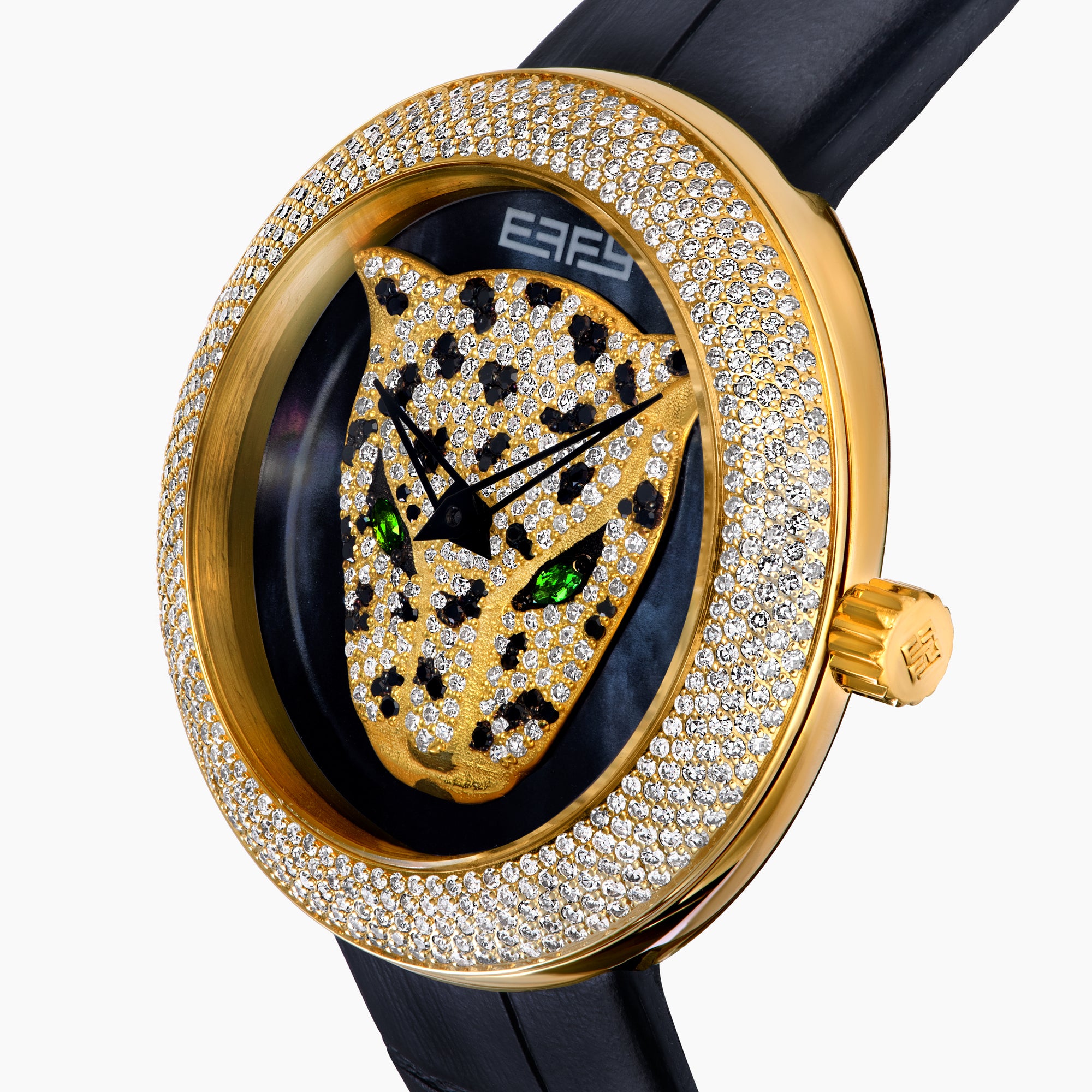 The 39MM Swiss Made 18K Yellow Gold Signature Round Panther Watch with Diamonds features a jeweled panther face on a glossy black dial, green eyes, gold hands, and a diamond-encrusted bezel with a black leather strap for luxurious elegance.