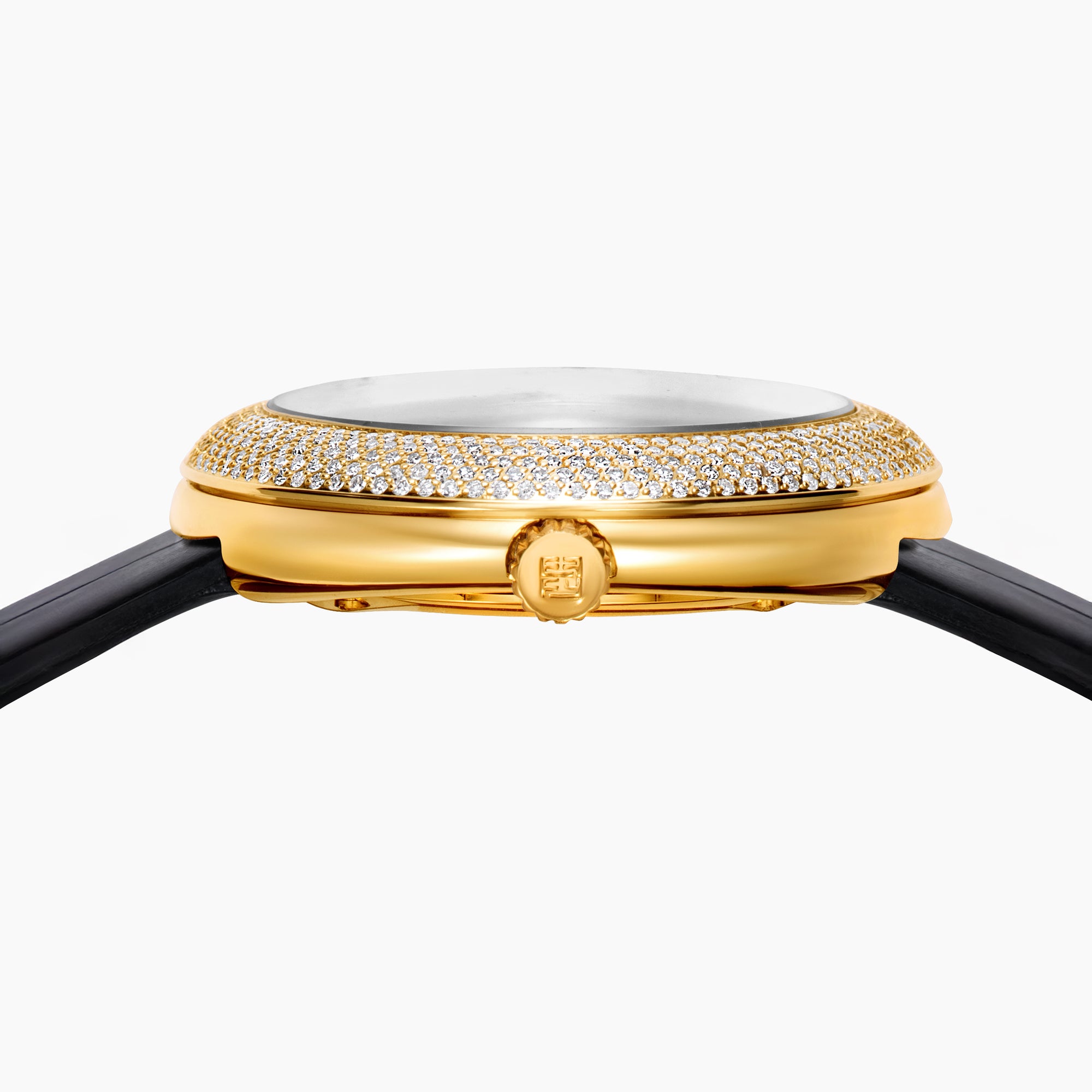 The 39MM Swiss Made 18K Yellow Gold Signature Round Panther Watch with Diamonds features a jeweled panther face on a glossy black dial, green eyes, gold hands, and a diamond-encrusted bezel with a black leather strap for luxurious elegance.