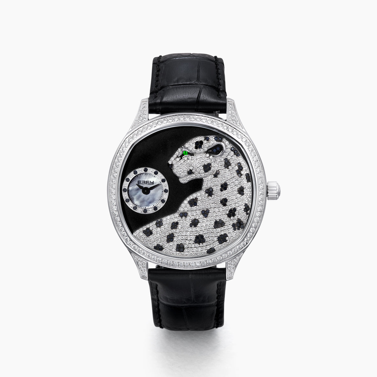 The 41MM Swiss Made Stainless Steel Signature Panther Watch with Diamonds features a jeweled panther design with black spots, emerald eyes, and a diamond-studded face, displaying the time in a small subdial.
