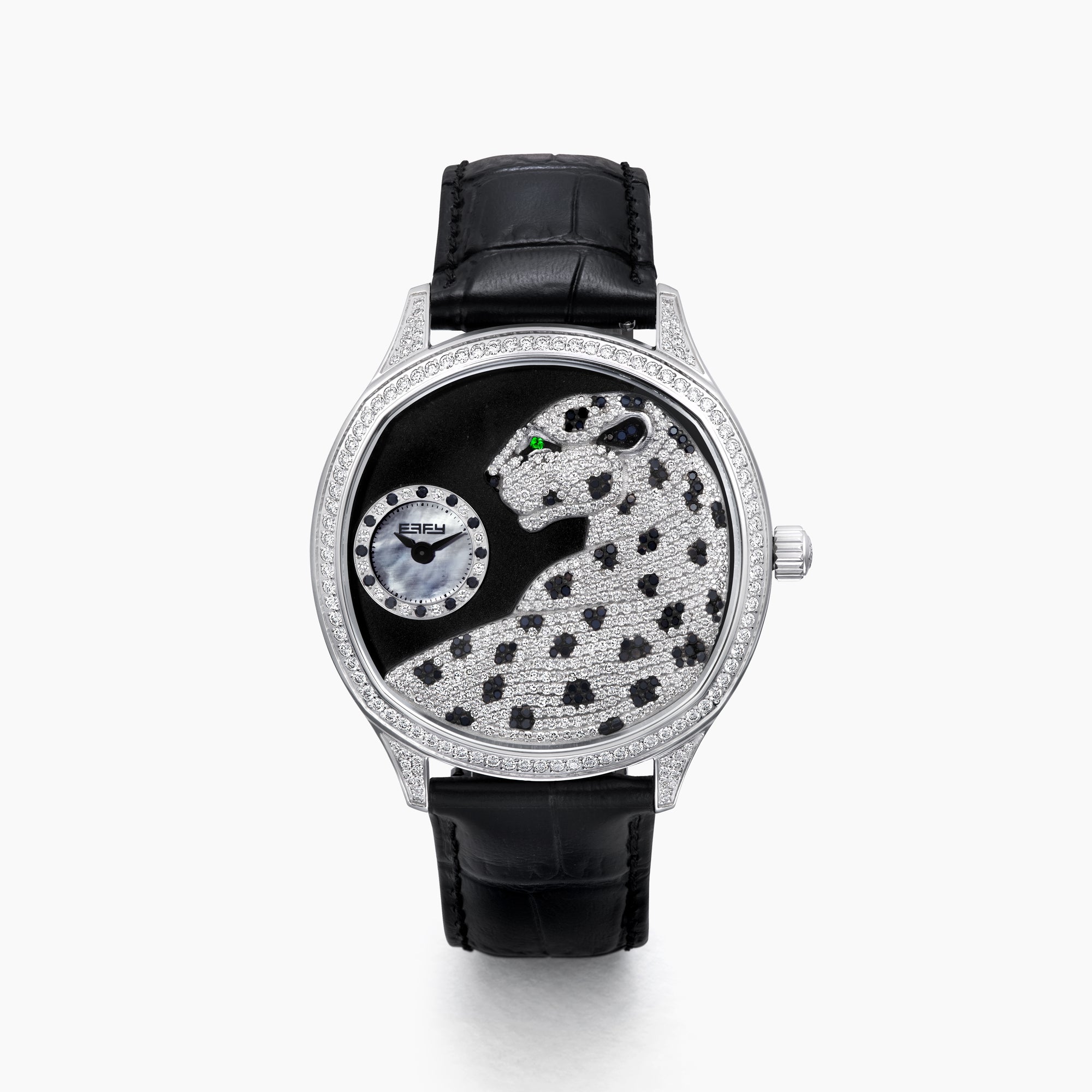 The 41MM Swiss Made Stainless Steel Signature Panther Watch with Diamonds features a jeweled panther design with black spots, emerald eyes, and a diamond-studded face, displaying the time in a small subdial.