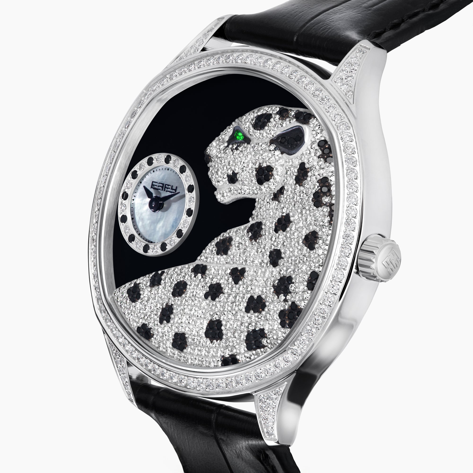 The 41MM Swiss Made Stainless Steel Signature Panther Watch with Diamonds features a jeweled panther design with black spots, emerald eyes, and a diamond-studded face, displaying the time in a small subdial.