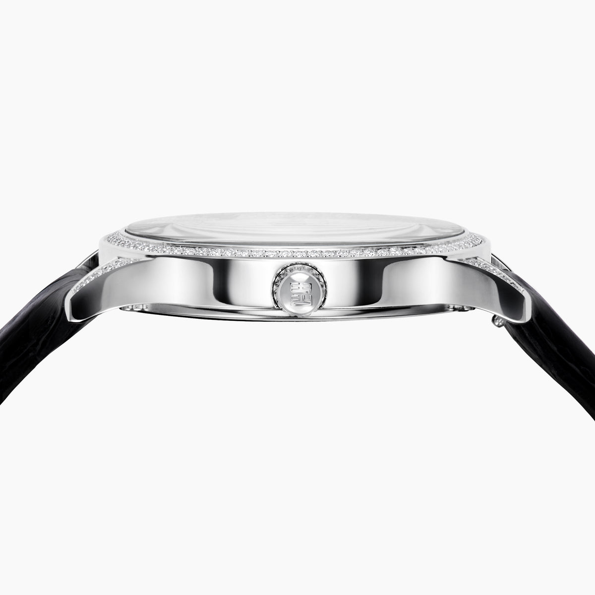 The 41MM Swiss Made Stainless Steel Signature Panther Watch with Diamonds features a jeweled panther design with black spots, emerald eyes, and a diamond-studded face, displaying the time in a small subdial.
