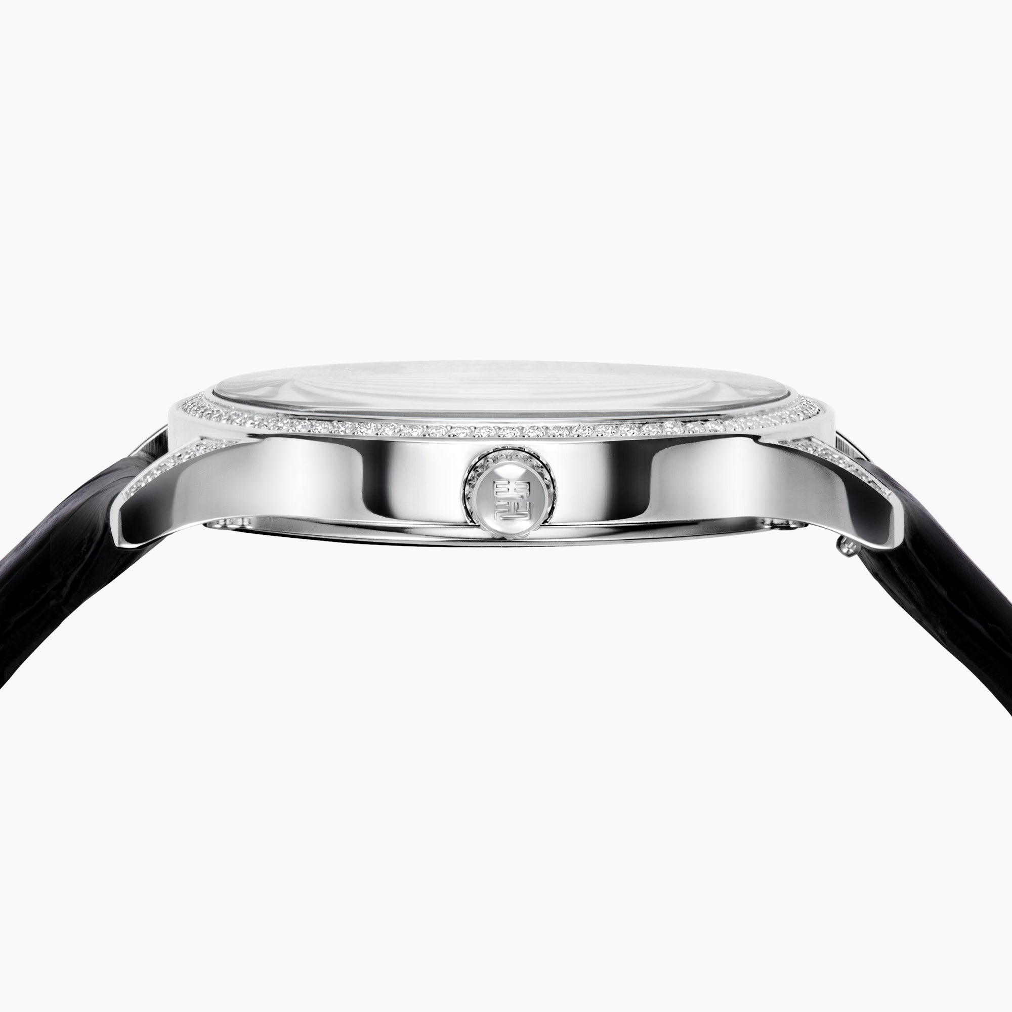 The 41MM Swiss Made Stainless Steel Signature Panther Watch with Diamonds features a jeweled panther design with black spots, emerald eyes, and a diamond-studded face, displaying the time in a small subdial.