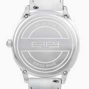 The 41MM Swiss Made Stainless Steel Signature Panther Watch with Diamonds features a jeweled panther dial, white leather strap, subdial for time, and iridescent background—an eye-catching statement of luxury.