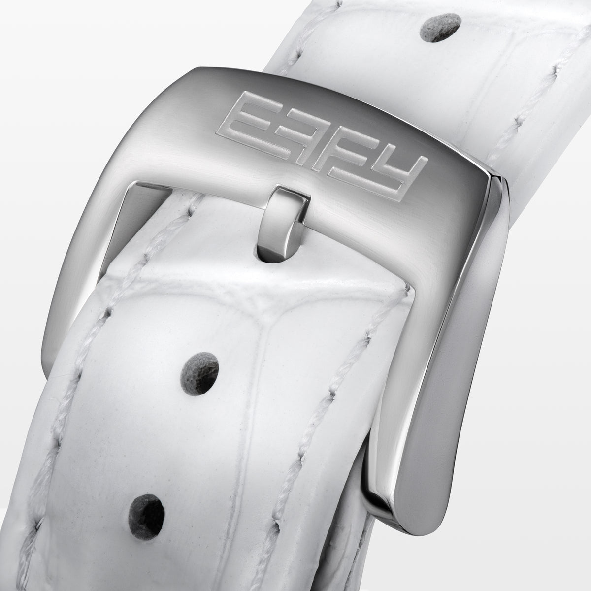 The 41MM Swiss Made Stainless Steel Signature Panther Watch with Diamonds features a jeweled panther dial, white leather strap, subdial for time, and iridescent background—an eye-catching statement of luxury.