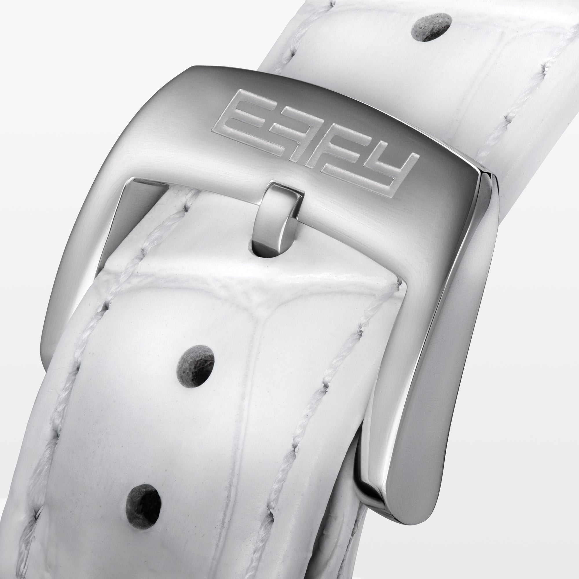 The 41MM Swiss Made Stainless Steel Signature Panther Watch with Diamonds features a jeweled panther dial, white leather strap, subdial for time, and iridescent background—an eye-catching statement of luxury.