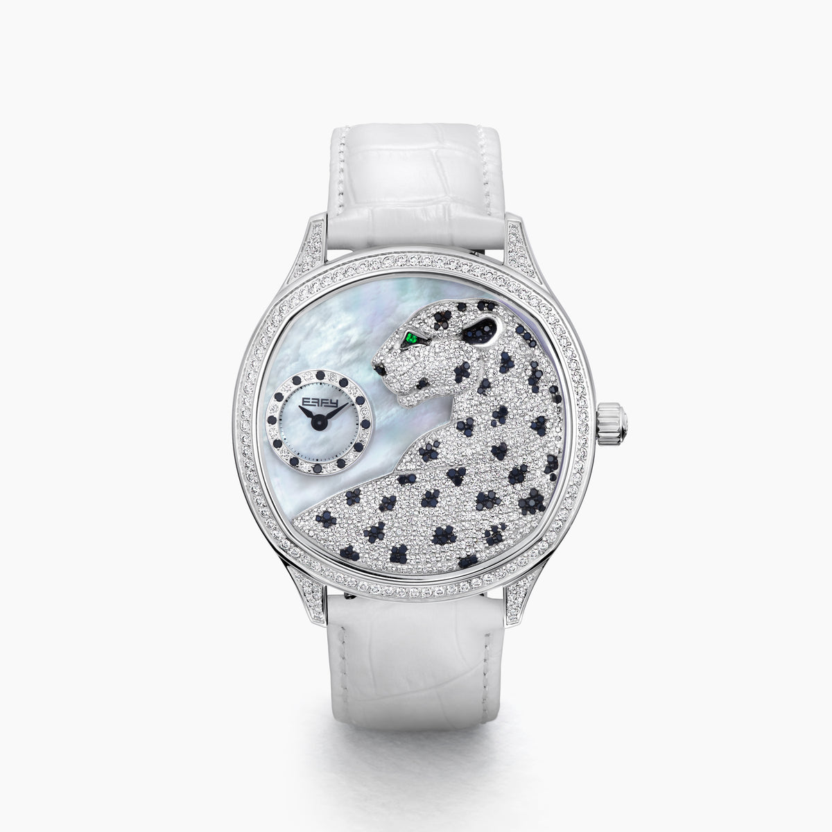 The 41MM Swiss Made Stainless Steel Signature Panther Watch with Diamonds features a jeweled panther dial, white leather strap, subdial for time, and iridescent background—an eye-catching statement of luxury.