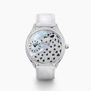 The 41MM Swiss Made Stainless Steel Signature Panther Watch with Diamonds features a jeweled panther dial, white leather strap, subdial for time, and iridescent background—an eye-catching statement of luxury.