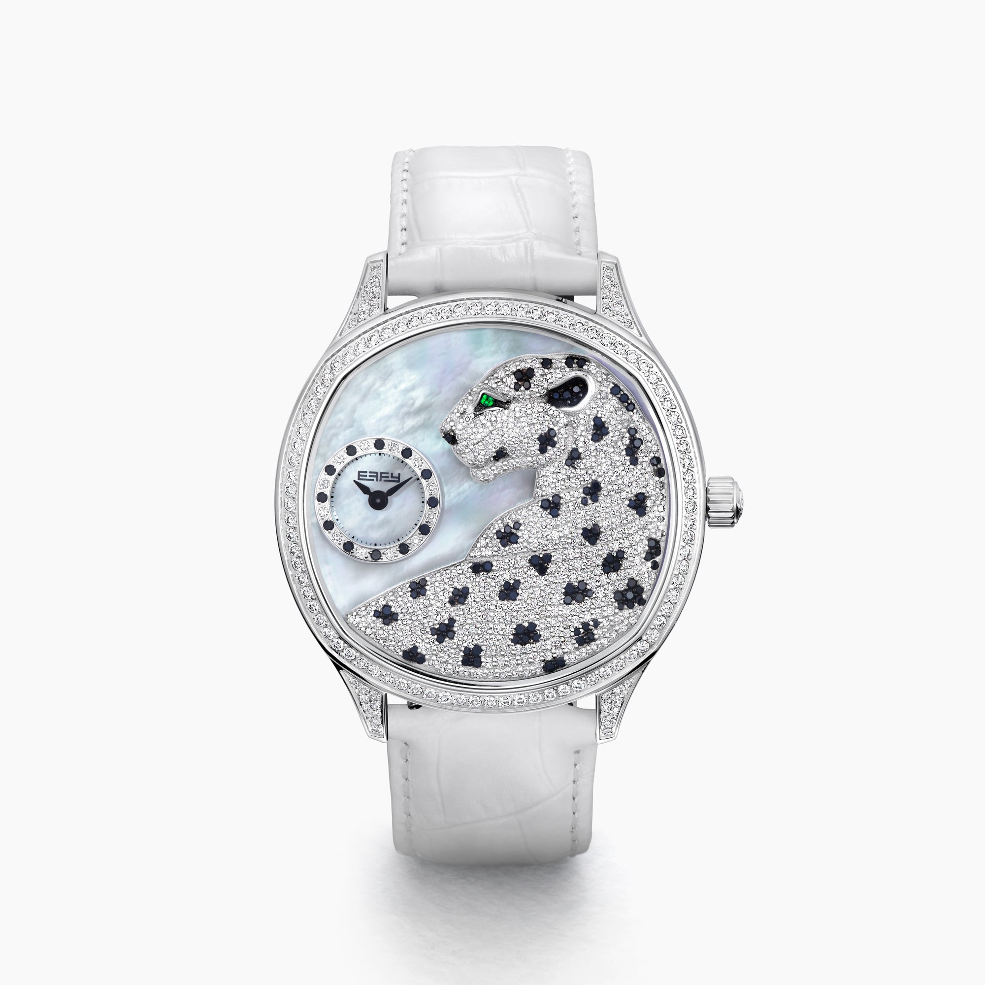 The 41MM Swiss Made Stainless Steel Signature Panther Watch with Diamonds features a jeweled panther dial, white leather strap, subdial for time, and iridescent background—an eye-catching statement of luxury.