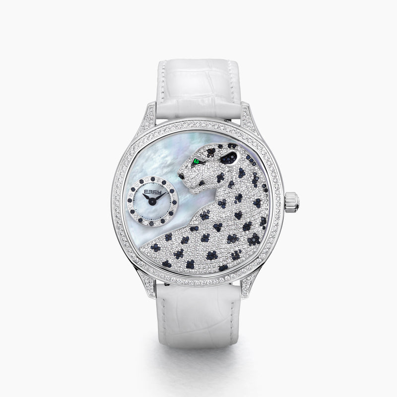 The 41MM Swiss Made Stainless Steel Signature Panther Watch with Diamonds features a jeweled panther dial, white leather strap, subdial for time, and iridescent background—an eye-catching statement of luxury.