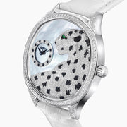 The 41MM Swiss Made Stainless Steel Signature Panther Watch with Diamonds features a jeweled panther dial, white leather strap, subdial for time, and iridescent background—an eye-catching statement of luxury.