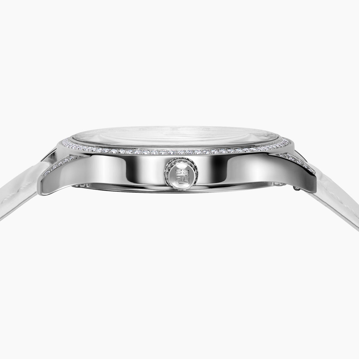 The 41MM Swiss Made Stainless Steel Signature Panther Watch with Diamonds features a jeweled panther dial, white leather strap, subdial for time, and iridescent background—an eye-catching statement of luxury.