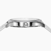 The 41MM Swiss Made Stainless Steel Signature Panther Watch with Diamonds features a jeweled panther dial, white leather strap, subdial for time, and iridescent background—an eye-catching statement of luxury.