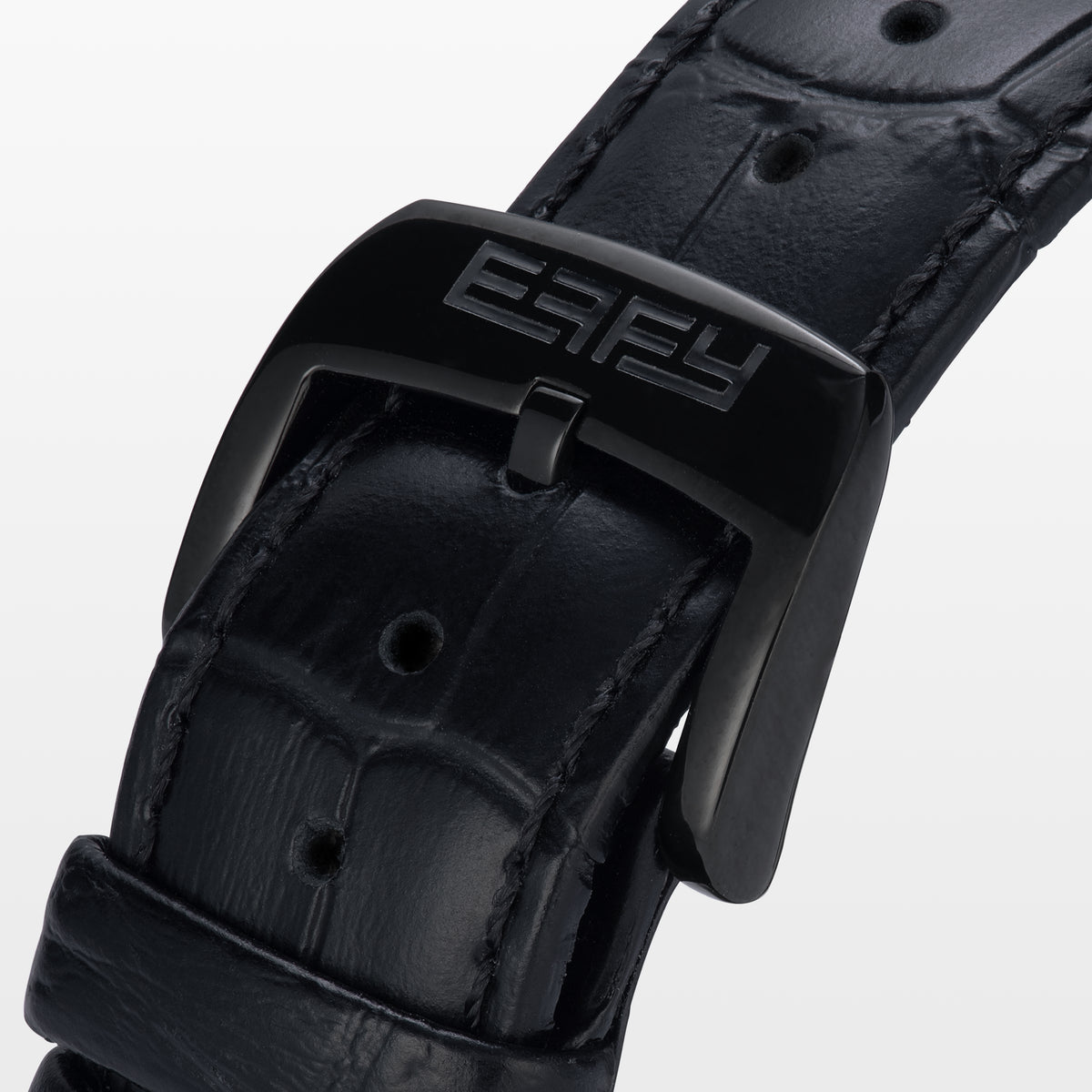 The 41MM Swiss Made Black PVD Dragon Watch features a black PVD stainless steel case, diamond accents, Swiss movement, a detailed gold dragon on the dial, and a sleek black background with a black leather strap.