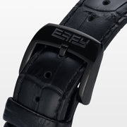 The 41MM Swiss Made Black PVD Dragon Watch features a black PVD stainless steel case, diamond accents, Swiss movement, a detailed gold dragon on the dial, and a sleek black background with a black leather strap.