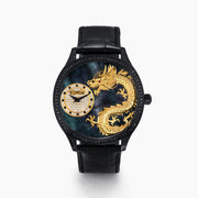 The 41MM Swiss Made Black PVD Dragon Watch features a black PVD stainless steel case, diamond accents, Swiss movement, a detailed gold dragon on the dial, and a sleek black background with a black leather strap.