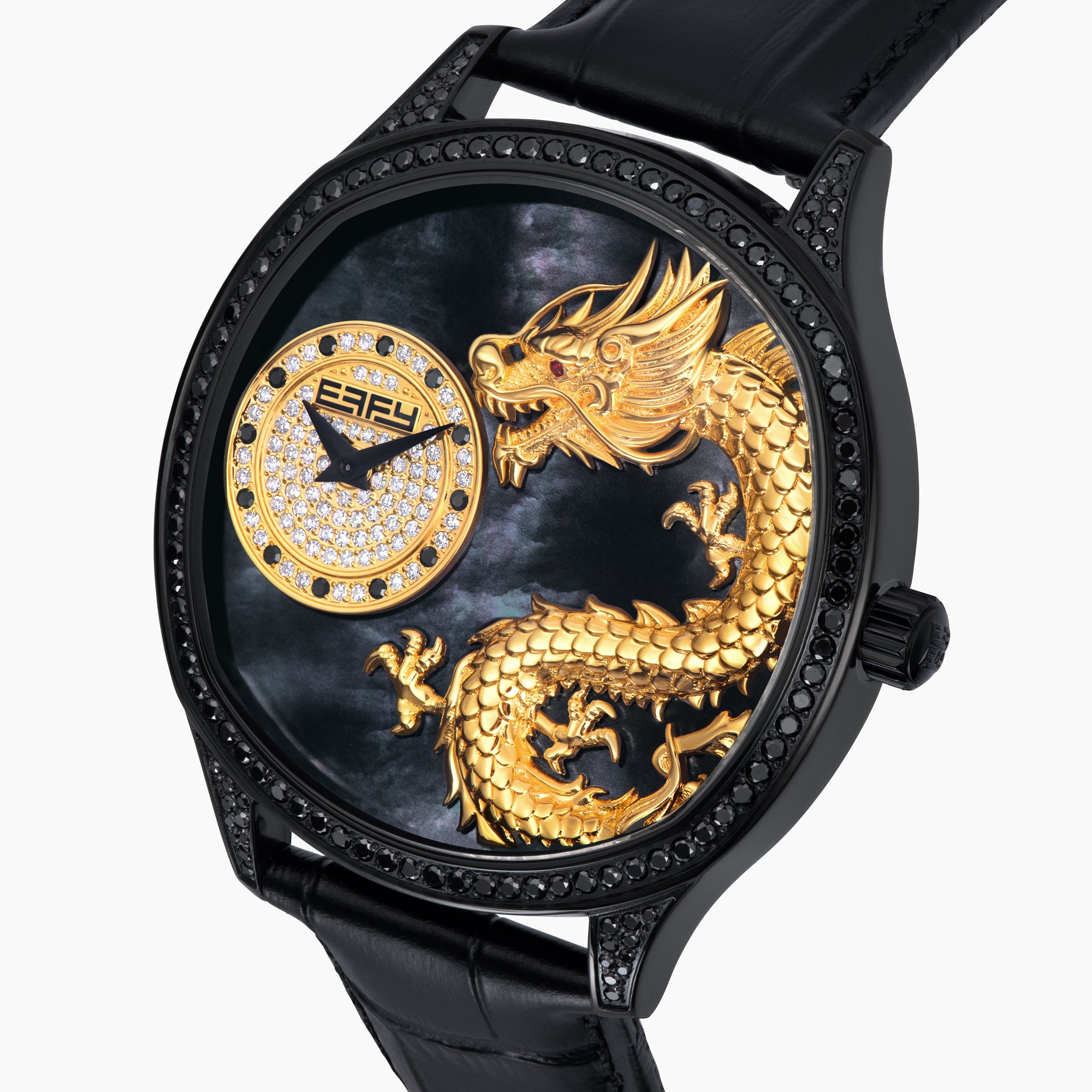 The 41MM Swiss Made Black PVD Dragon Watch features a black PVD stainless steel case, diamond accents, Swiss movement, a detailed gold dragon on the dial, and a sleek black background with a black leather strap.