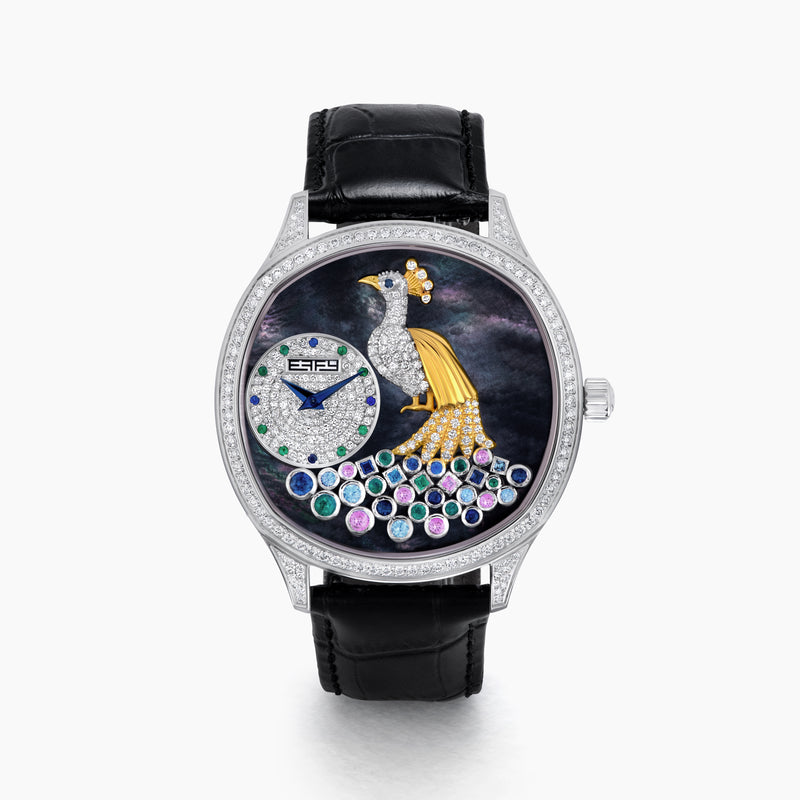 The 41MM Swiss Made Stainless Steel Peacock Watch features diamonds, sapphires, a black leather strap, and a jeweled peacock design with multicolored gemstones and a small round time display on the left side.