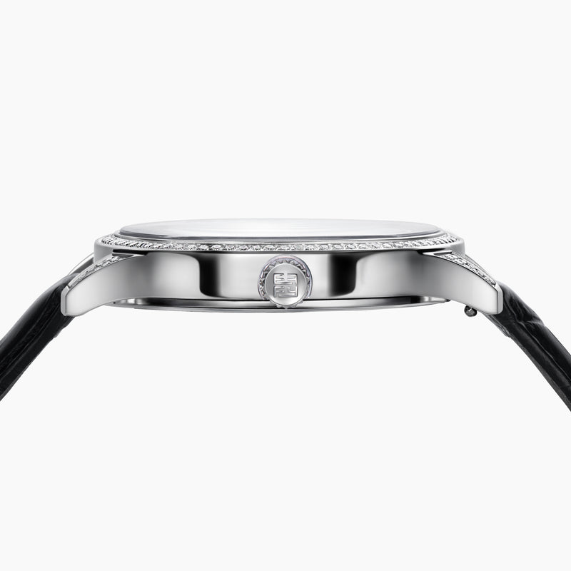 The 41MM Swiss Made Stainless Steel Peacock Watch features diamonds, sapphires, a black leather strap, and a jeweled peacock design with multicolored gemstones and a small round time display on the left side.