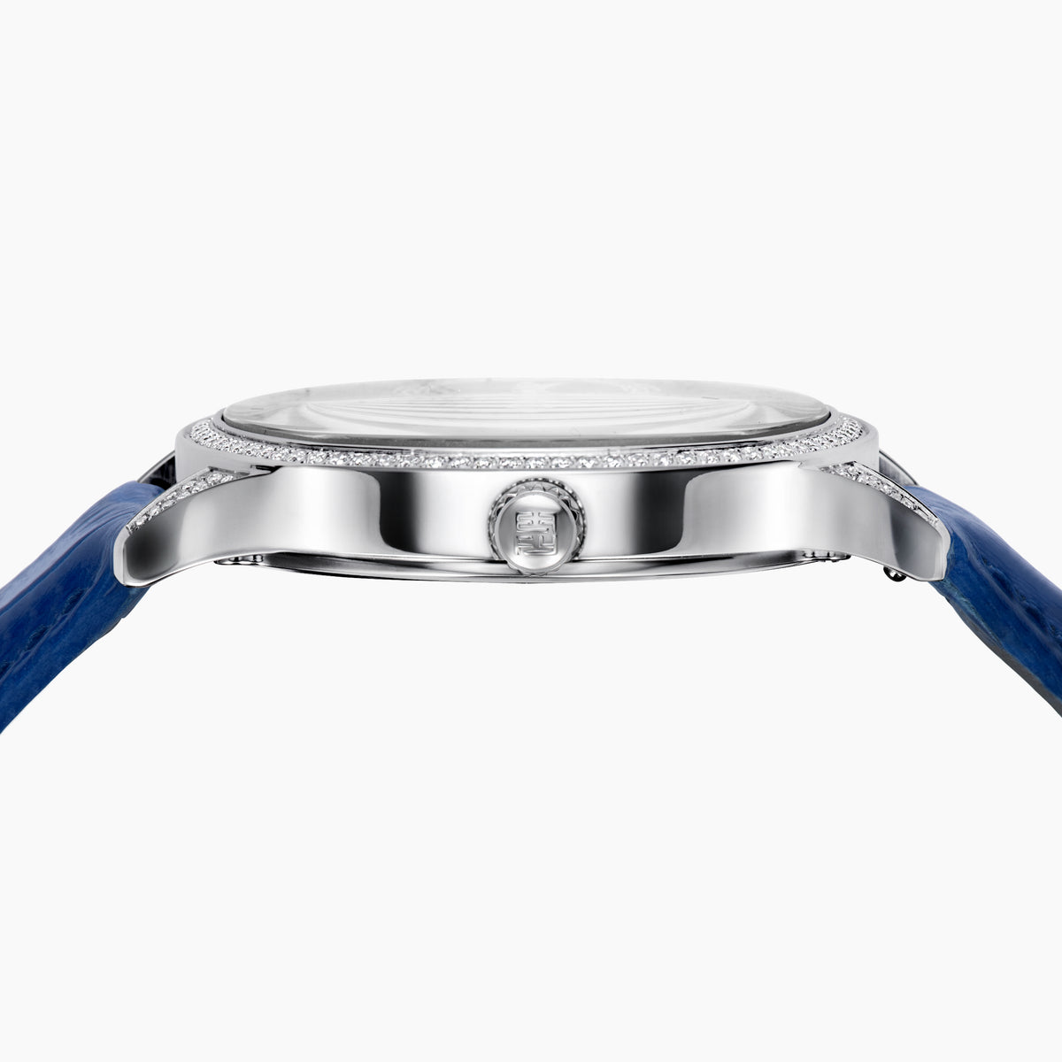 The 41MM Swiss Made Stainless Steel Parrot Watch features a jeweled parrot dial, diamond accents, blue leather strap, and elegant case with emeralds and sapphires—an exquisite statement of luxury and craftsmanship.