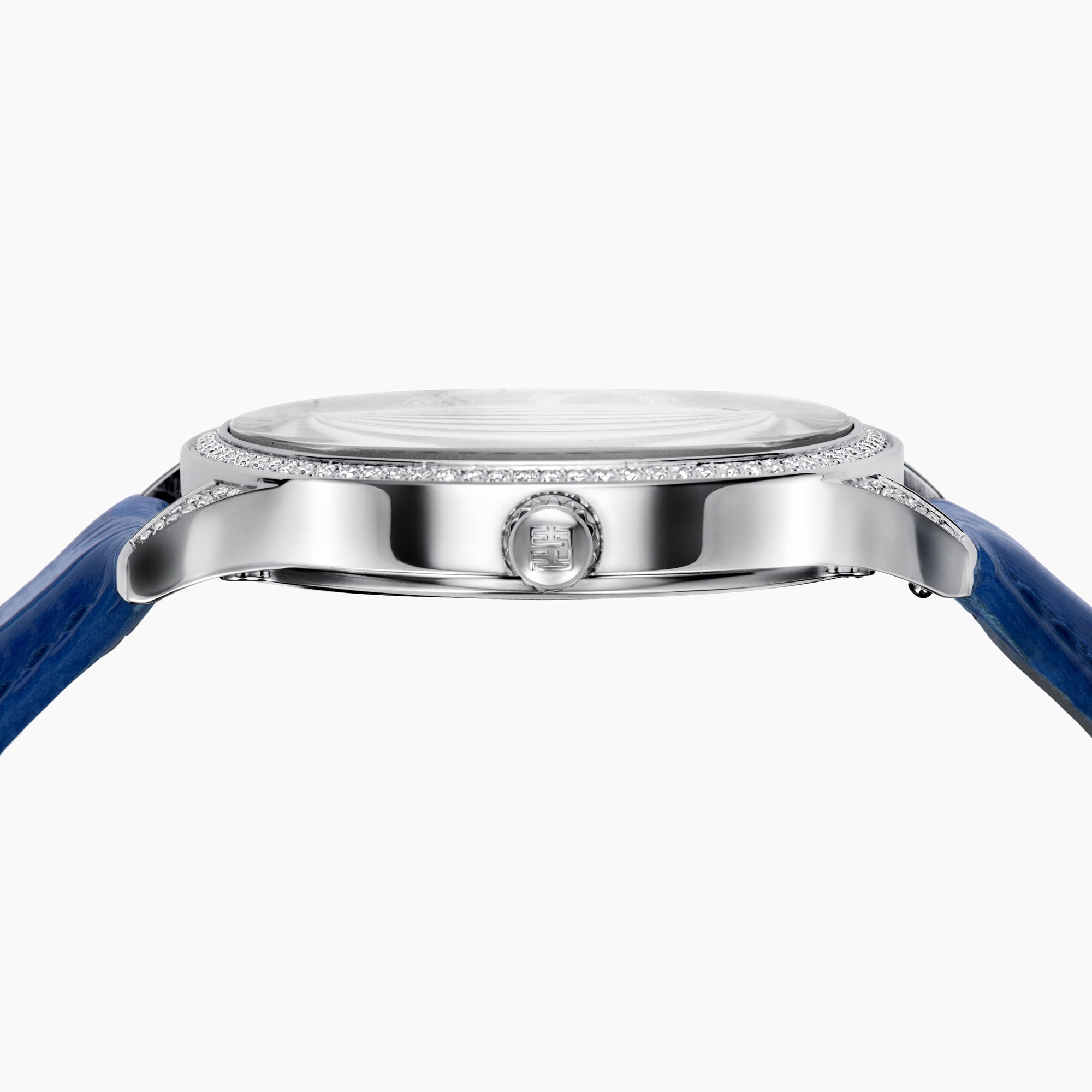The 41MM Swiss Made Stainless Steel Parrot Watch features a jeweled parrot dial, diamond accents, blue leather strap, and elegant case with emeralds and sapphires—an exquisite statement of luxury and craftsmanship.