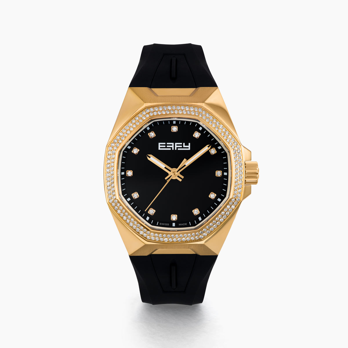 The EARFY 38MM Swiss Made 18K Yellow Gold Automatic Watch features a hexagonal case, black dial with diamond hour markers, black rubber strap, and double row of diamonds outlining the face. Brand name displayed on the dial.