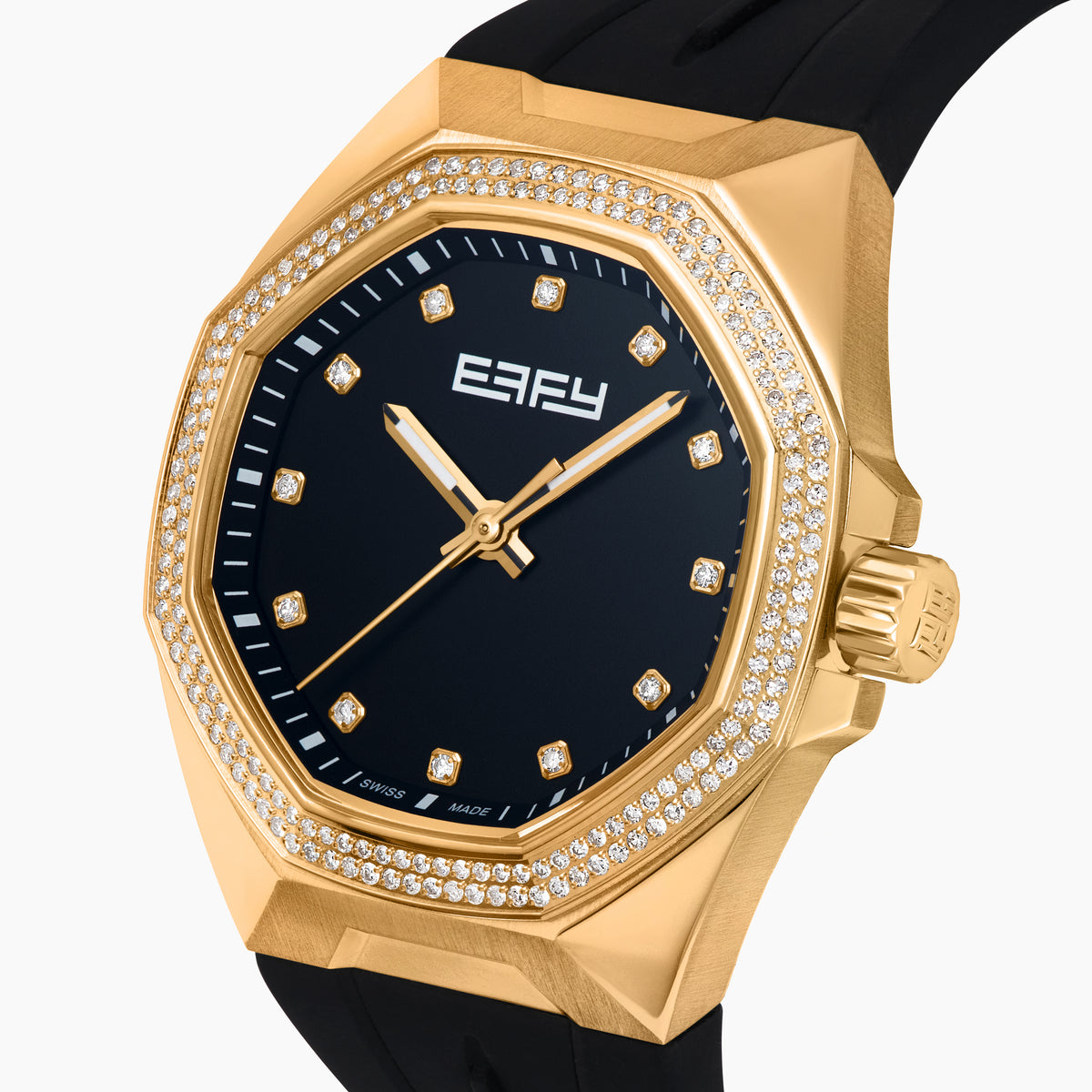 The EARFY 38MM Swiss Made 18K Yellow Gold Automatic Watch features a hexagonal case, black dial with diamond hour markers, black rubber strap, and double row of diamonds outlining the face. Brand name displayed on the dial.