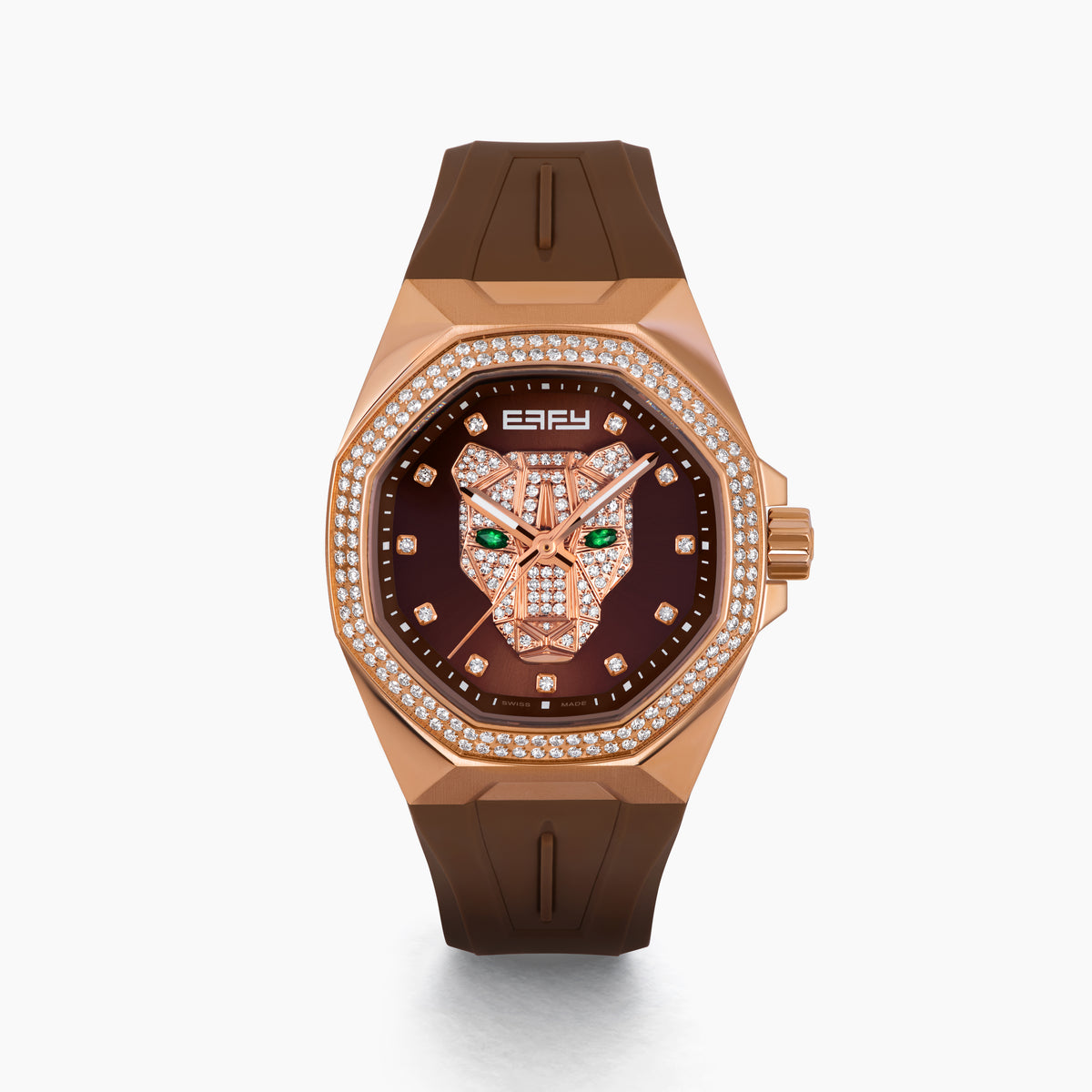 Experience the elegance of the 38MM Swiss Made 18K Rose Gold Signature Panther Automatic Watch with Diamond Bezel, showcasing a sophisticated brown strap, an 18K rose gold-tone case adorned with diamond accents, and a dazzling diamond pavé panther motif on the dial with captivating green gemstone eyes and the distinctive EARLY branding at the top.