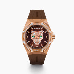 Experience the elegance of the 38MM Swiss Made 18K Rose Gold Signature Panther Automatic Watch with Diamond Bezel, showcasing a sophisticated brown strap, an 18K rose gold-tone case adorned with diamond accents, and a dazzling diamond pavé panther motif on the dial with captivating green gemstone eyes and the distinctive EARLY branding at the top.