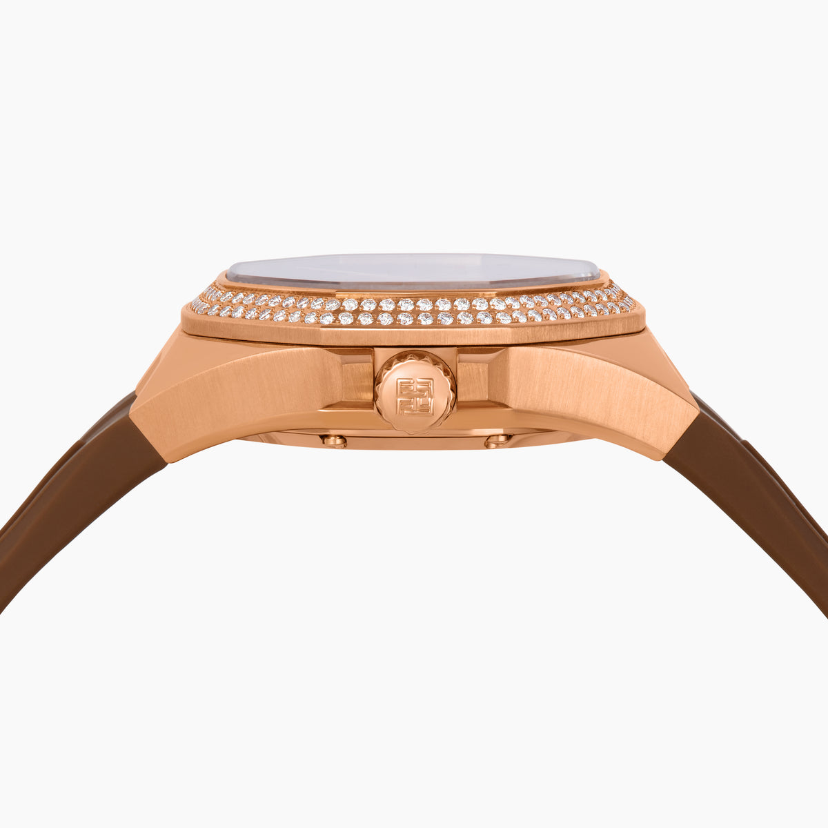 Experience the elegance of the 38MM Swiss Made 18K Rose Gold Signature Panther Automatic Watch with Diamond Bezel, showcasing a sophisticated brown strap, an 18K rose gold-tone case adorned with diamond accents, and a dazzling diamond pavé panther motif on the dial with captivating green gemstone eyes and the distinctive EARLY branding at the top.