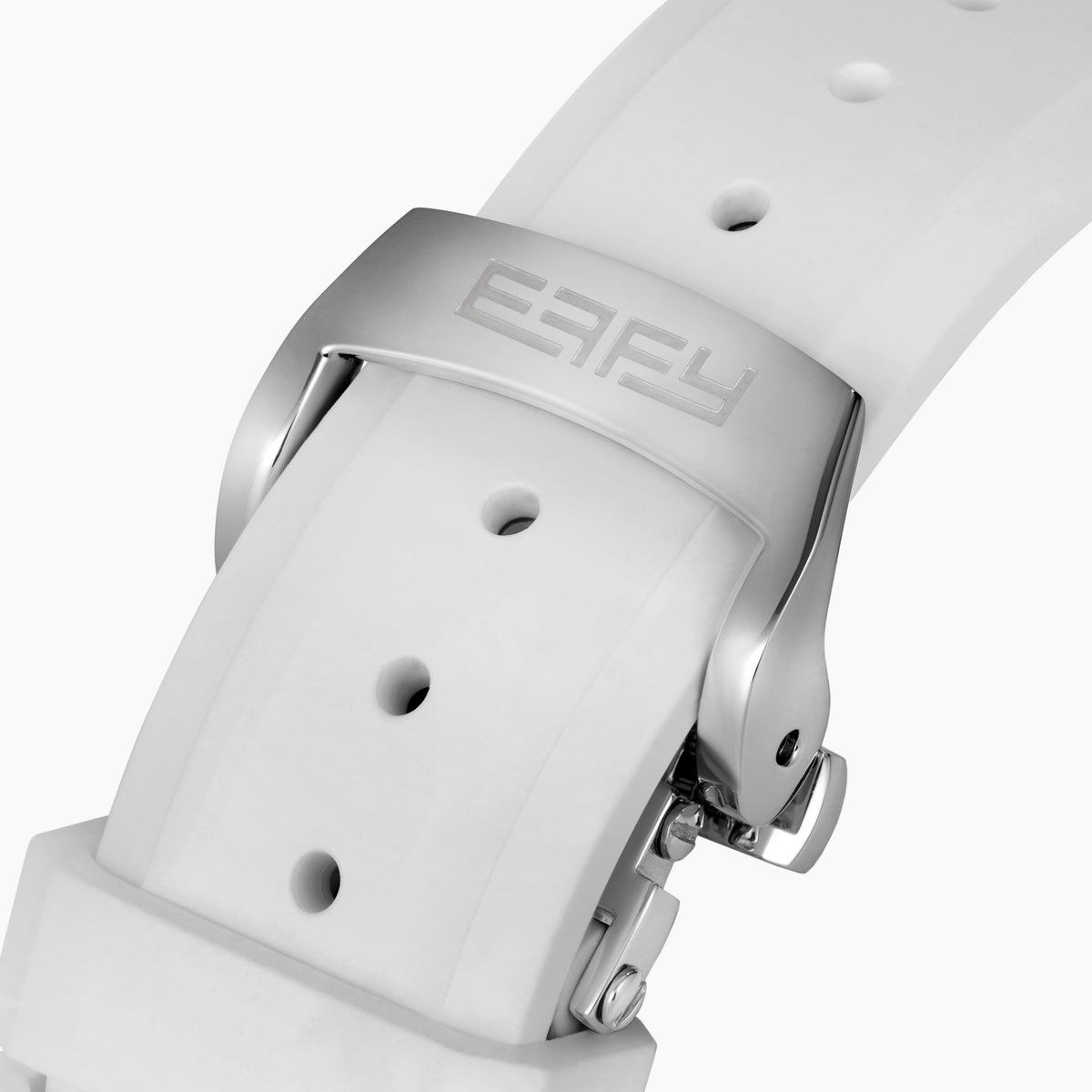 The 38MM Swiss Made Stainless Steel Automatic Watch features a white strap, silver bezel, rainbow gemstones around the face, a white dial with silver hands, colorful hour markers, and EARLY branding at the top.