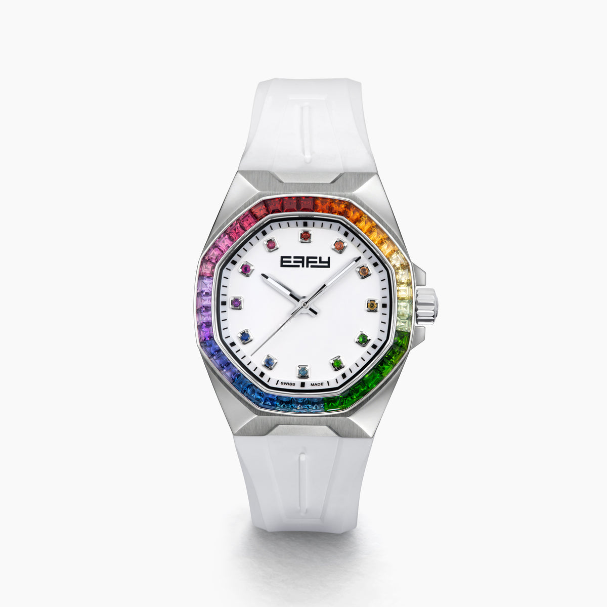 The 38MM Swiss Made Stainless Steel Automatic Watch features a white strap, silver bezel, rainbow gemstones around the face, a white dial with silver hands, colorful hour markers, and EARLY branding at the top.