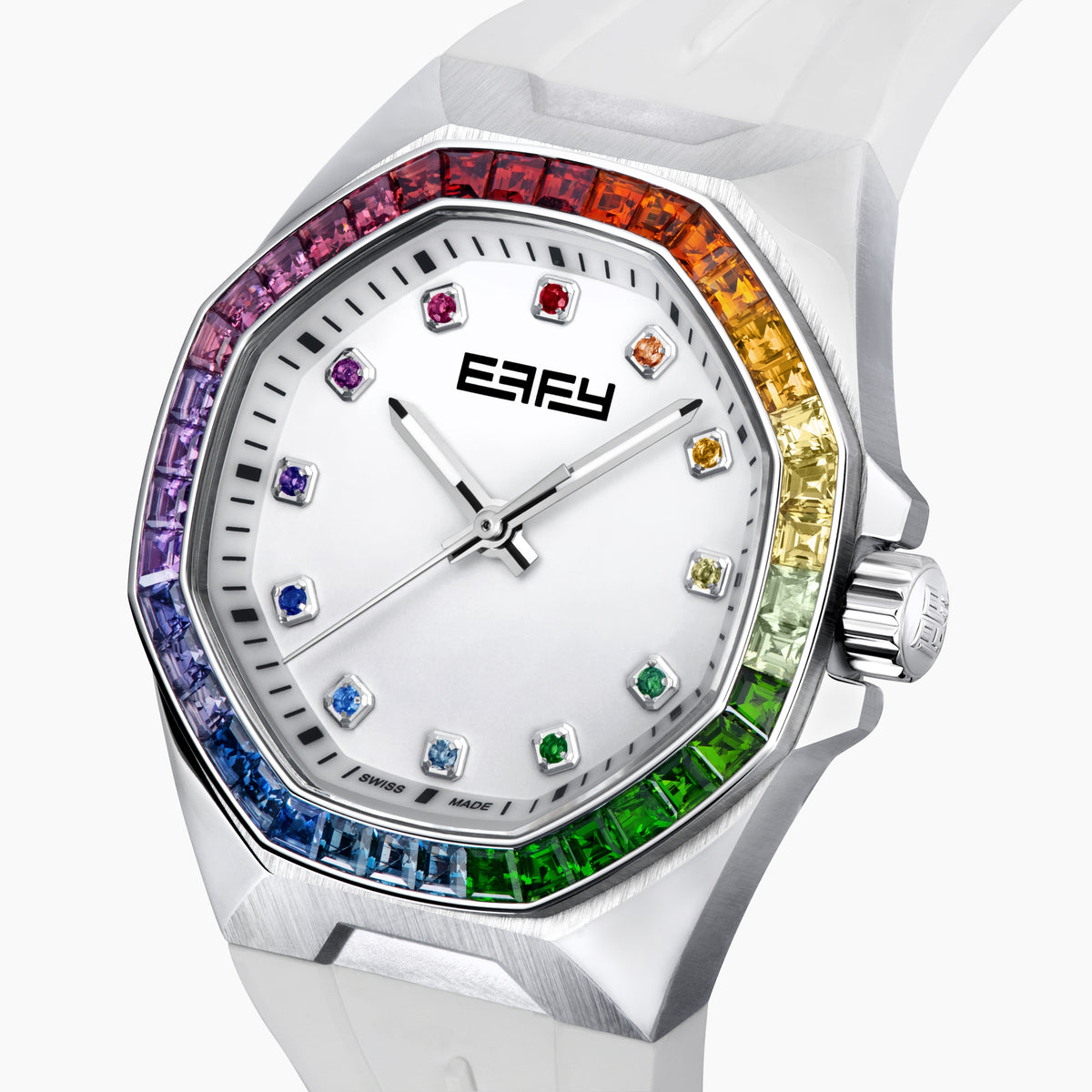 The 38MM Swiss Made Stainless Steel Automatic Watch features a white strap, silver bezel, rainbow gemstones around the face, a white dial with silver hands, colorful hour markers, and EARLY branding at the top.