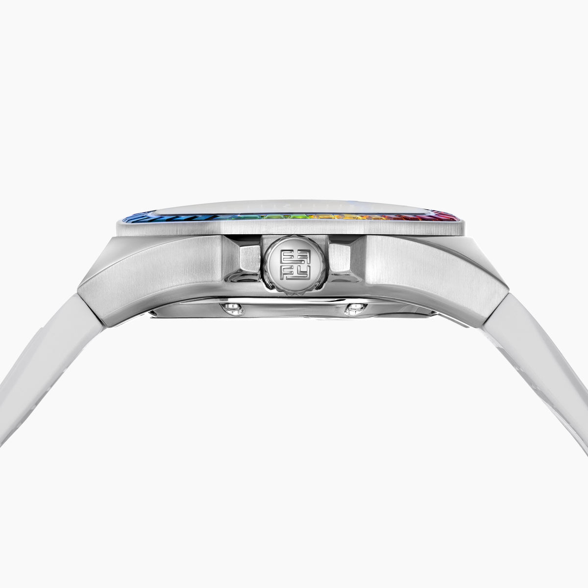 The 38MM Swiss Made Stainless Steel Automatic Watch features a white strap, silver bezel, rainbow gemstones around the face, a white dial with silver hands, colorful hour markers, and EARLY branding at the top.