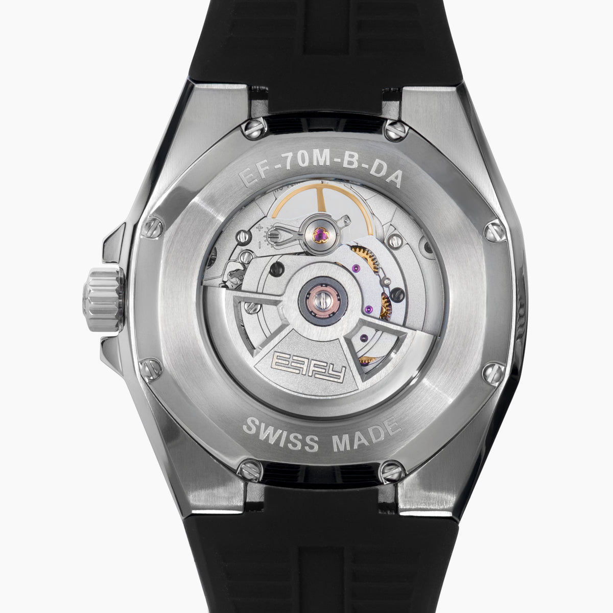 The 42MM Swiss Made Stainless Steel Automatic Watch features a black strap, silver case, black dial, rainbow gemstones on the bezel and hour markers, silver hands, and the EALEY logo in white at the top.