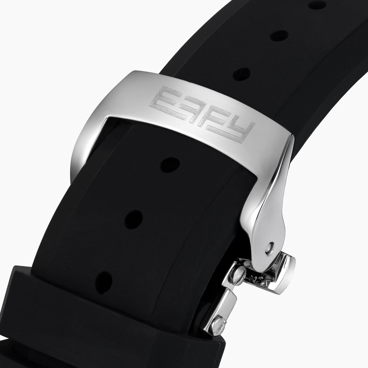 The 42MM Swiss Made Stainless Steel Automatic Watch features a black strap, silver case, black dial, rainbow gemstones on the bezel and hour markers, silver hands, and the EALEY logo in white at the top.