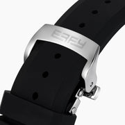 The 42MM Swiss Made Stainless Steel Automatic Watch features a black strap, silver case, black dial, rainbow gemstones on the bezel and hour markers, silver hands, and the EALEY logo in white at the top.