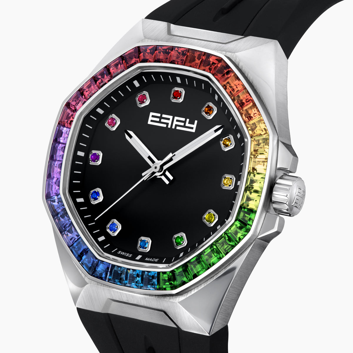The 42MM Swiss Made Stainless Steel Automatic Watch features a black strap, silver case, black dial, rainbow gemstones on the bezel and hour markers, silver hands, and the EALEY logo in white at the top.
