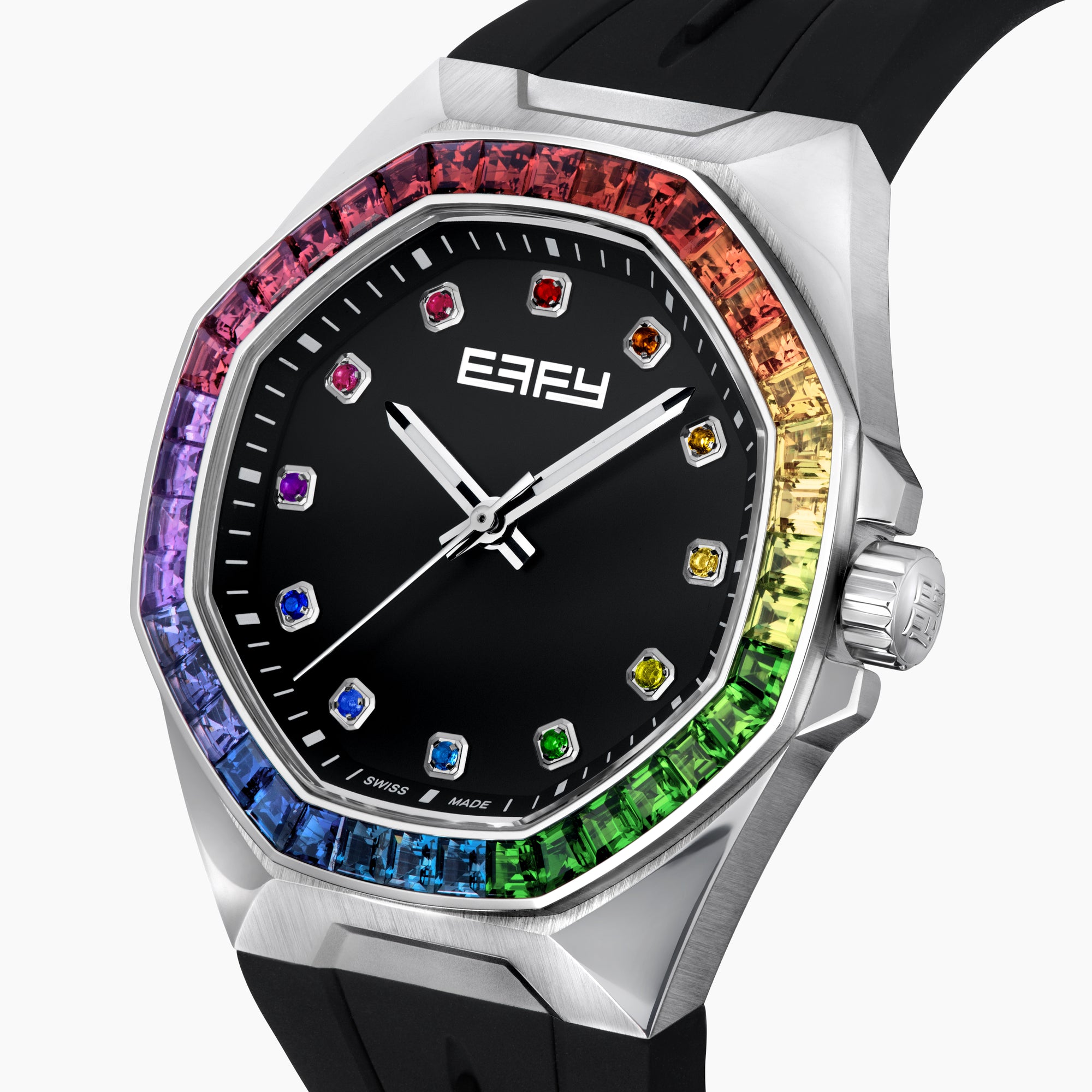 The 42MM Swiss Made Stainless Steel Automatic Watch features a black strap, silver case, black dial, rainbow gemstones on the bezel and hour markers, silver hands, and the EALEY logo in white at the top.