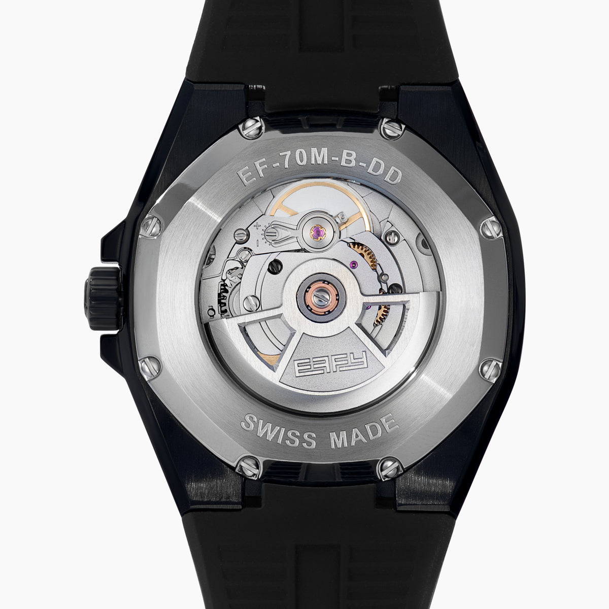 The 42MM Swiss Made Stainless Steel with Black PVD Signature Panther Automatic Watch with Black Diamonds features a geometric bezel, black strap, striking panther motif dial, green-tipped hands, and BAFY branding below 12 o’clock.