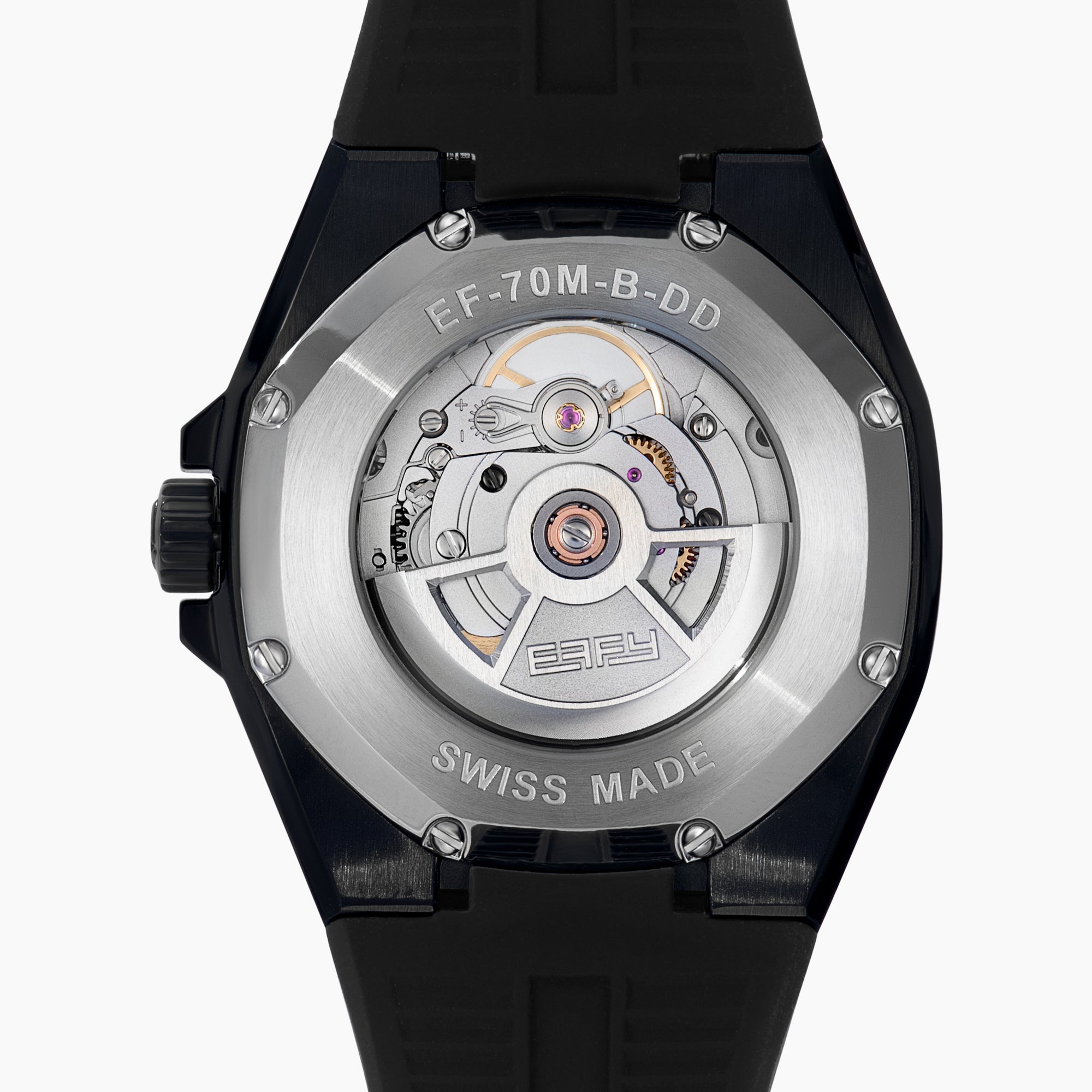 The 42MM Swiss Made Stainless Steel with Black PVD Signature Panther Automatic Watch with Black Diamonds features a geometric bezel, black strap, striking panther motif dial, green-tipped hands, and BAFY branding below 12 o’clock.
