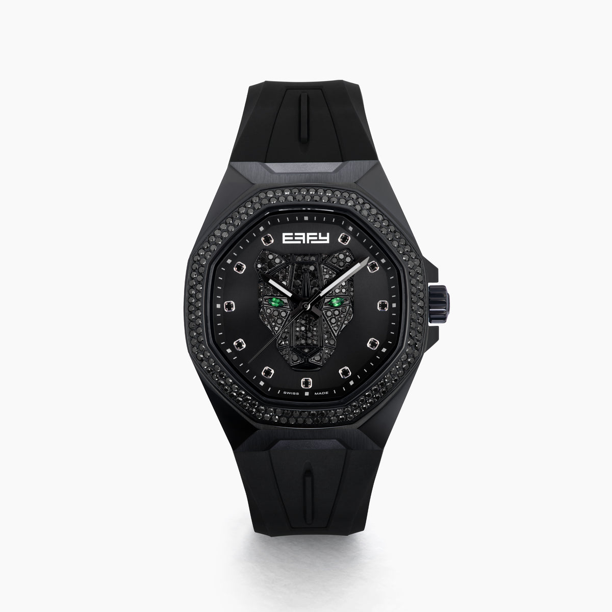 The 42MM Swiss Made Stainless Steel with Black PVD Signature Panther Automatic Watch with Black Diamonds features a geometric bezel, black strap, striking panther motif dial, green-tipped hands, and BAFY branding below 12 o’clock.