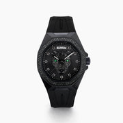 The 42MM Swiss Made Stainless Steel with Black PVD Signature Panther Automatic Watch with Black Diamonds features a geometric bezel, black strap, striking panther motif dial, green-tipped hands, and BAFY branding below 12 o’clock.