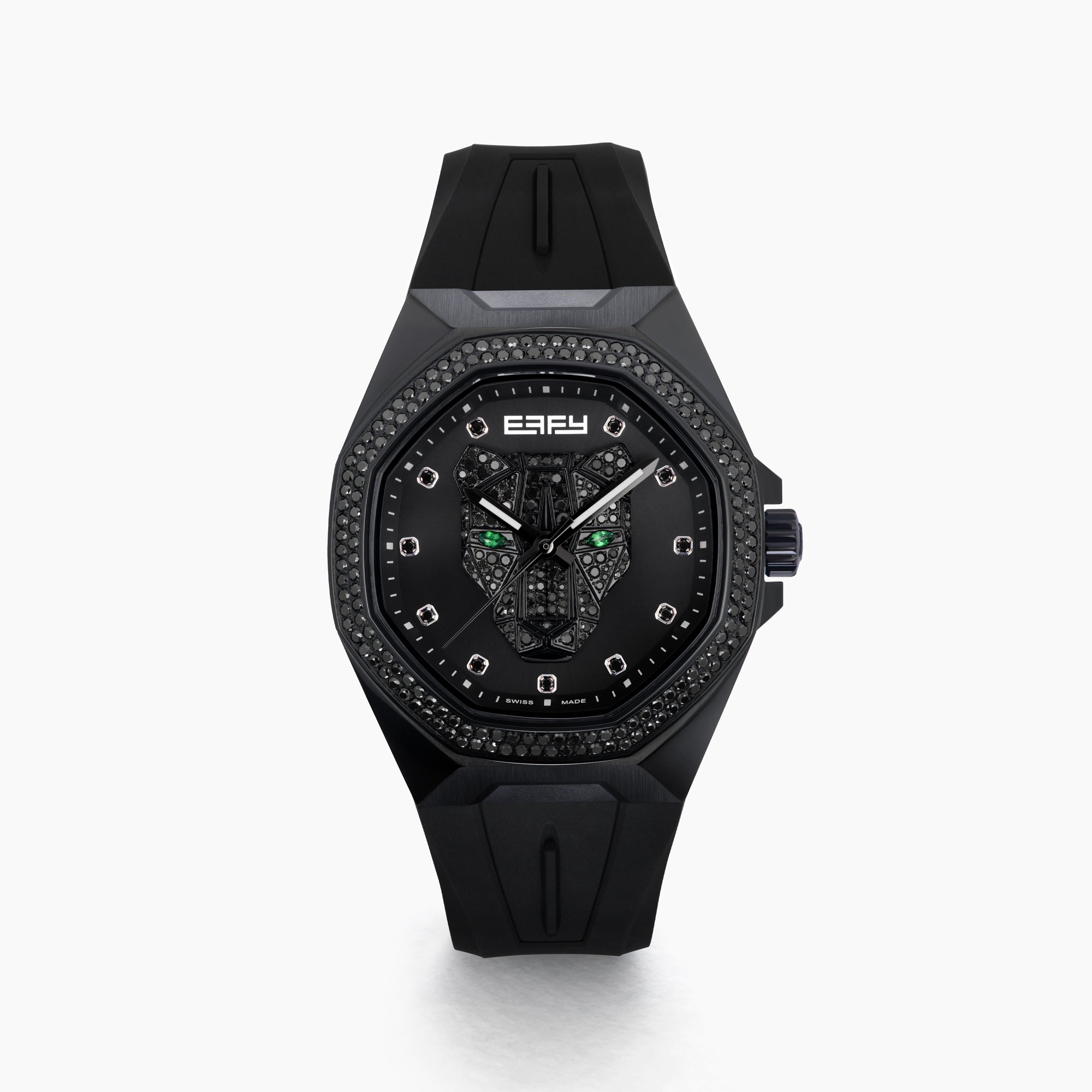 The 42MM Swiss Made Stainless Steel with Black PVD Signature Panther Automatic Watch with Black Diamonds features a geometric bezel, black strap, striking panther motif dial, green-tipped hands, and BAFY branding below 12 o’clock.