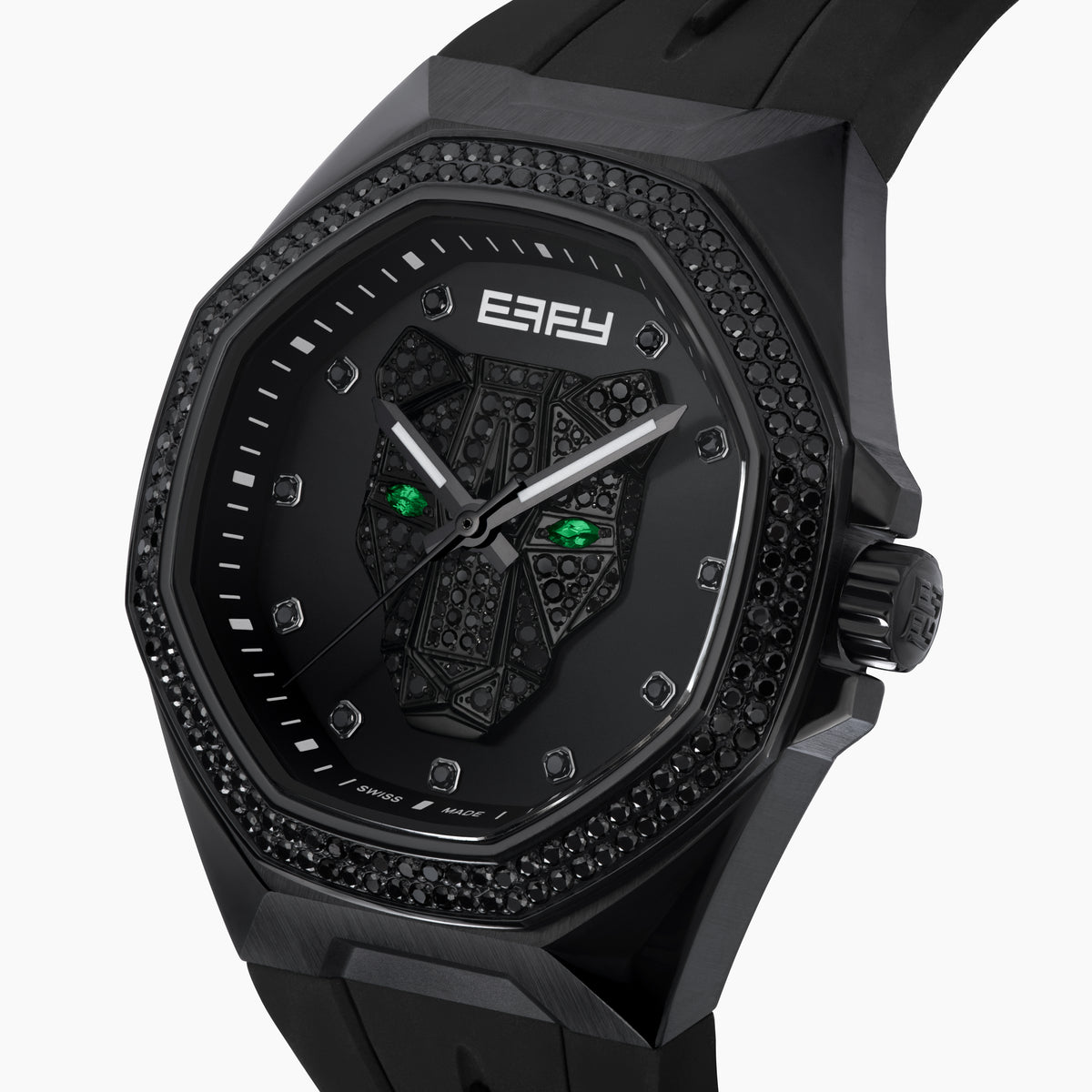 The 42MM Swiss Made Stainless Steel with Black PVD Signature Panther Automatic Watch with Black Diamonds features a geometric bezel, black strap, striking panther motif dial, green-tipped hands, and BAFY branding below 12 o’clock.