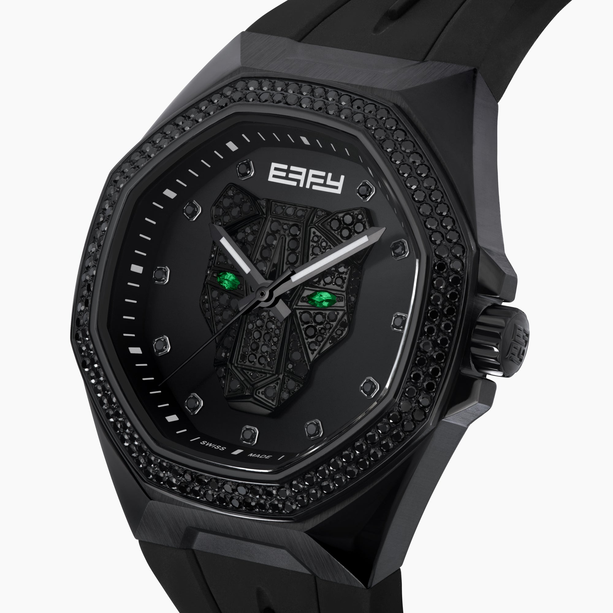 The 42MM Swiss Made Stainless Steel with Black PVD Signature Panther Automatic Watch with Black Diamonds features a geometric bezel, black strap, striking panther motif dial, green-tipped hands, and BAFY branding below 12 o’clock.