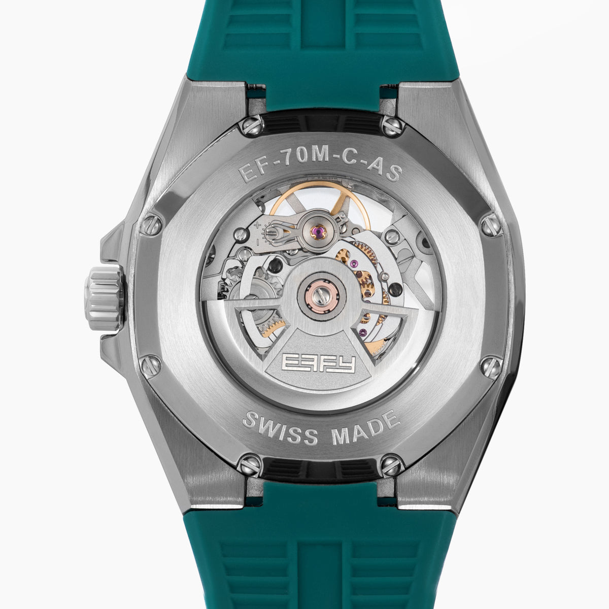 The 42MM Swiss Made Stainless Steel Automatic Skeleton Watch with Diamonds features a teal rubber strap, silver case, partially transparent dial with visible gears, teal bezel and markings, and EBFY branding at the top.