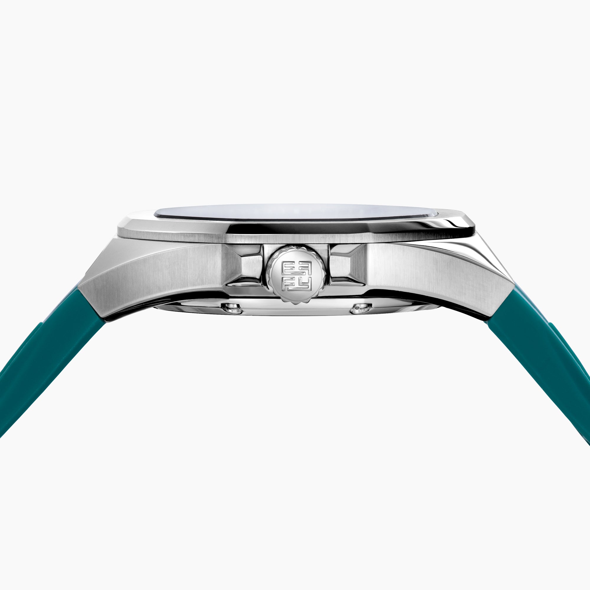 The 42MM Swiss Made Stainless Steel Automatic Skeleton Watch with Diamonds features a teal rubber strap, silver case, partially transparent dial with visible gears, teal bezel and markings, and EBFY branding at the top.
