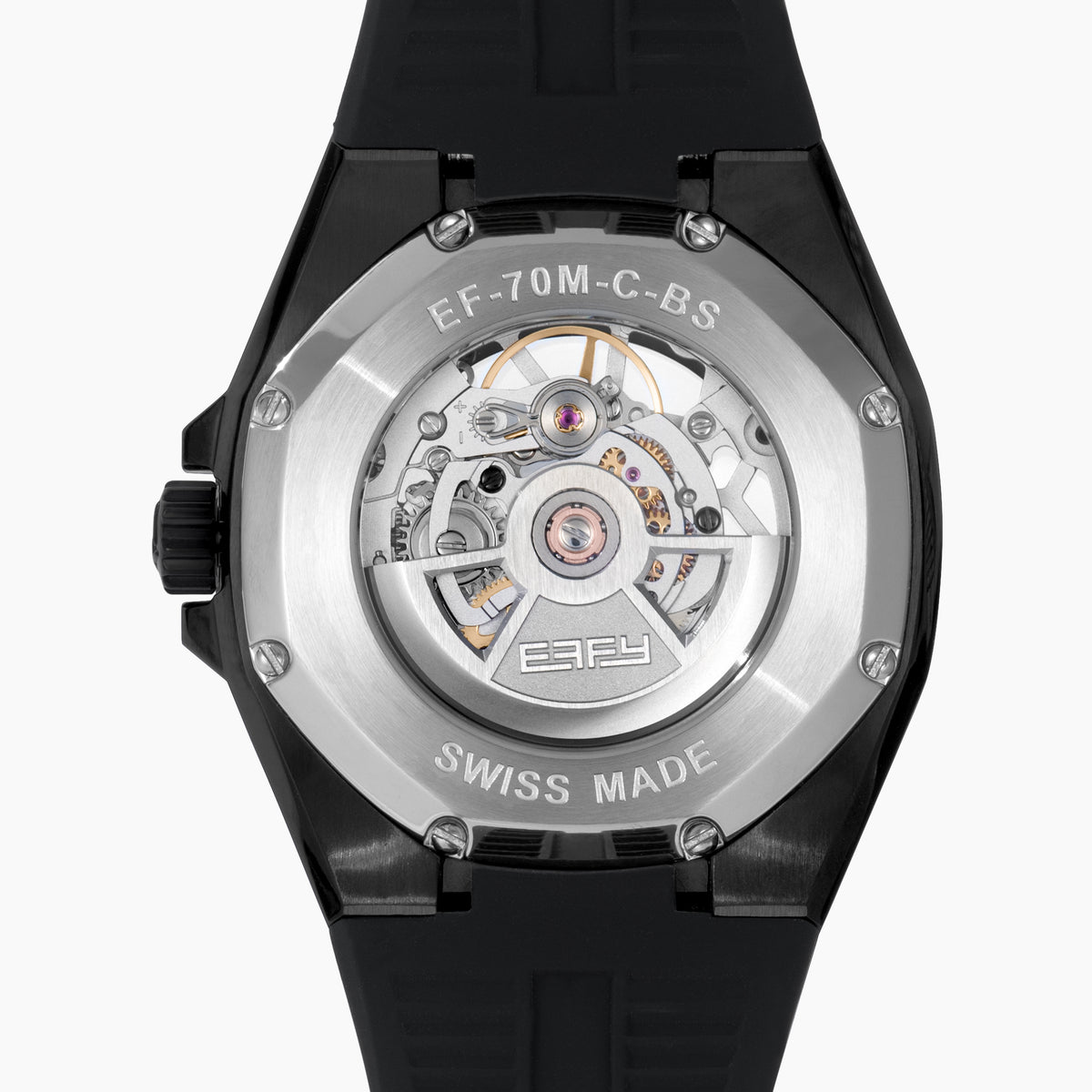 The 42MM Swiss Made Stainless Steel with Black PVD Automatic Skeleton Watch features a skeleton dial, black rubber strap, hexagonal case, and the white BEFY logo at the top against a plain white background.