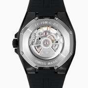 The 42MM Swiss Made Stainless Steel with Black PVD Automatic Skeleton Watch features a skeleton dial, black rubber strap, hexagonal case, and the white BEFY logo at the top against a plain white background.